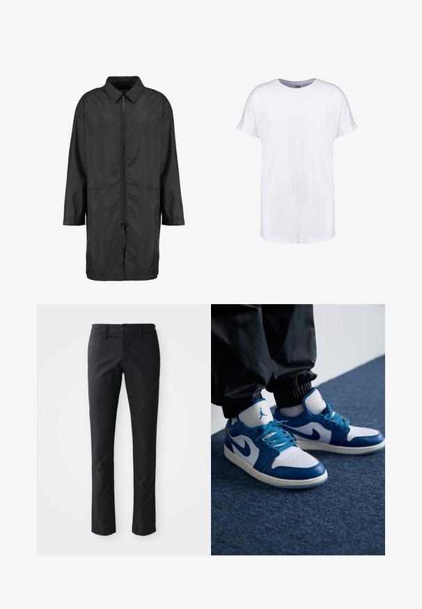 Schwarze Windjacke aus leichtem Material mit kragenfreiem Halsbereich, vollem Reißverschluss und zwei Fronttaschen; entspannte Passform, knielang.; Weißes Baumwoll-T-Shirt mit kurzen Ärmeln, Rundhalsausschnitt und lockerer Passform. Glatte Textur und keine sichtbaren Muster oder Designs.; Schwarze gerade geschnittene Hose aus glattem Stoff mit einem einzelnen Knopfverschluss und Gürtelschlaufen. Minimalistisches Design ohne sichtbare Muster.; Die Nike Air Jordan Sneakers verfügen über eine weiße Lederbasis mit blauen synthetischen Akzenten, einer perforierten Zehenbox und blauen Schnürsenkeln.
