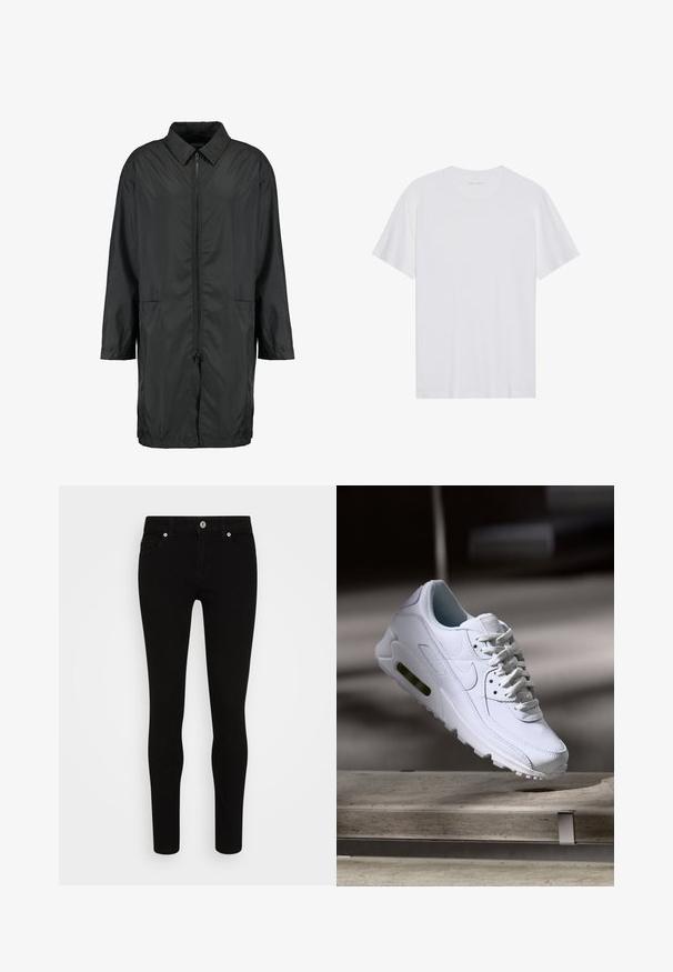 Schwarze Windjacke aus leichtem Material mit kragenfreiem Halsbereich, vollem Reißverschluss und zwei Fronttaschen; entspannte Passform, knielang.; Weißes Baumwoll-T-Shirt mit kurzen Ärmeln, Rundhalsausschnitt und glatter Textur. Verfügt über eine minimale Markenkennzeichnung am Halsausschnitt.; Schwarze Skinny-Jeans mit glatter Textur, Fünf-Taschen-Design, vorderer Knopfverschluss und schlankem Schnitt. Minimalistischer Stil ohne sichtbare Muster.; Weiße Lederturnschuhe mit strukturierten Oberflächen, gepolstertem Kragen und sichtbarer Luftpolsterung in der Sohle. Verfügt über Schnürsenkel und ein minimalistisches Design.