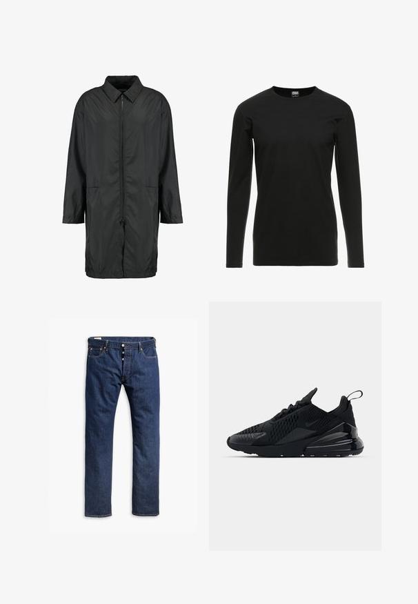 Schwarze Windjacke aus leichtem Material mit kragenfreiem Halsbereich, vollem Reißverschluss und zwei Fronttaschen; entspannte Passform, knielang.; Urban Classics STRETCH TERRY - Langarmshirt - black; Dunkelblaue Jeans aus Denim mit geradem Bein, Kontrastnähten, Knopfverschluss und fünf Taschen.; Schwarzer Nike Air Max 270 Sneaker mit strukturiertem Obermaterial, Mesh-Einsätzen und einer glänzenden Ferse mit einer auffälligen Luftpolsterungseinheit.