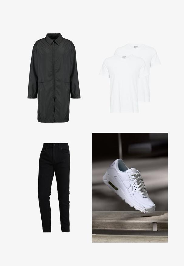 Sort vindjakke lavet af letvægtsmateriale med kravehals, fuld lynlås og to forlommer; afslappet pasform, knælang.; To ensfarvede hvide T-shirts med korte ærmer og rund hals, der overlapper hinanden på en hvid baggrund.; Sorte denimjeans med slim fit, med mellemhøj talje, fem lomme-design og diskrete stikninger. Glat tekstureret stof.; Hvide lædersneakers med teksturerede overflader, polstret krave og synlig luftpolstring i sålen. Har snørrebånd og et minimalistisk design.