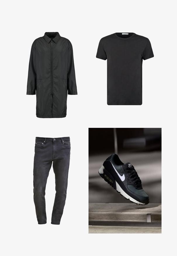 Sort vindjakke lavet af letvægtsmateriale med kravehals, fuld lynlås og to forlommer; afslappet pasform, knælang.; Sort bomulds T-shirt med rund halsudskæring og korte ærmer. Stoffet har en glat tekstur og ingen mønstre eller detaljer. Normal pasform.; Slim-fit sorte denim jeans med fem lommer, lynlåslukning og let slitage. Glat tekstur med en mørk vaskefinish.; Sort og grå Nike Air Max sneaker med hvid swoosh, ophængt over en betongulv mod en sløret mørk baggrund.