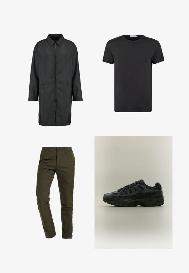 Sort vindjakke lavet af letvægtsmateriale med kravehals, fuld lynlås og to forlommer; afslappet pasform, knælang.; Sort bomulds T-shirt med rund halsudskæring og korte ærmer. Stoffet har en glat tekstur og ingen mønstre eller detaljer. Normal pasform.; Olivengrønne chinos lavet af holdbar bomuldsblanding, med slim fit, flad front, standardlommer og en sikker knaplukning.; Sort Nike løbesko med mesh og syntetisk overdel, snørelukning og tekstureret sål, vist fra venstre side på en ensfarvet baggrund.