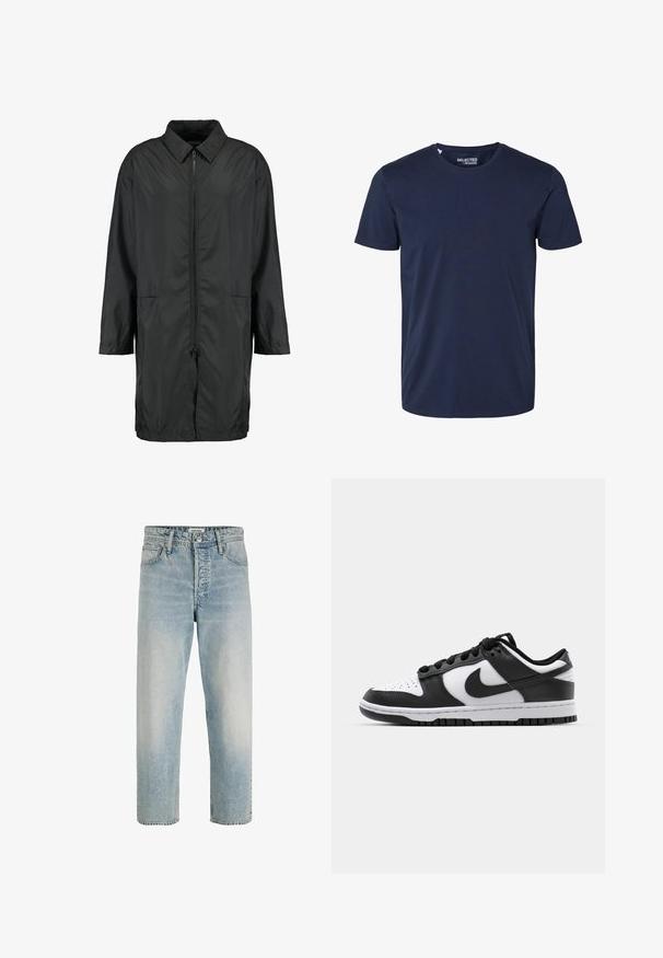 Sort vindjakke lavet af letvægtsmateriale med kravehals, fuld lynlås og to forlommer; afslappet pasform, knælang.; Simpel mørkeblå t-shirt med korte ærmer og rund halsudskæring med en lille synlig mærkeetiket inde i kraven.; Lyseblå jeans med lige ben, forlommer, bæltestropper, lynlås og knaplukning, lavet af Jack & Jones.; Sort og hvid Nike Dunk sneakers med læderoverdel, perforeret tå, sorte snørebånd og en sort gummisål med slidbanedesign.
