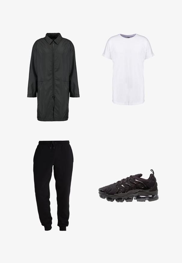 Sort vindjakke lavet af letvægtsmateriale med kravehals, fuld lynlås og to forlommer; afslappet pasform, knælang.; Neutral hvid kortærmet t-shirt med op rullede ærmekanter og rund halsudskæring, vist på en hvid baggrund.; Svarte sweatpants lavet af blødt stof, med en elastisk talje med snor, tapered benåbninger og sidelommer.; Sorte atletiksko med et tekstureret stofoverdel, metalliske detaljer og en markant luftfyldt sål. Har distinkte bølge-lignende designelementer.