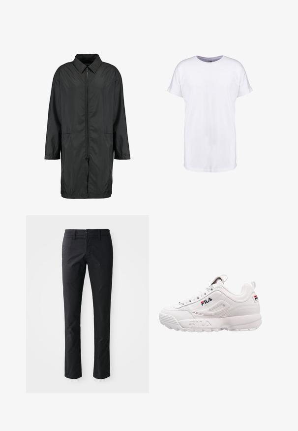 Schwarze Windjacke aus leichtem Material mit kragenfreiem Halsbereich, vollem Reißverschluss und zwei Fronttaschen; entspannte Passform, knielang.; Schlichtes weißes kurzärmeliges T-Shirt mit umgeschlagenen Ärmelbündchen und rundem Halsausschnitt, dargestellt auf weißem Hintergrund.; Schwarze gerade geschnittene Hose aus glattem Stoff mit einem einzelnen Knopfverschluss und Gürtelschlaufen. Minimalistisches Design ohne sichtbare Muster.; Weiße Sportsneaker mit einem glatten Lederoberteil, gepolstertem Kragen, strukturierten Seitenpaneelen und einem Markenlogo in Rot und Blau.