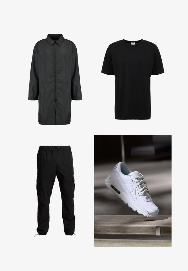 Schwarze Windjacke aus leichtem Material mit kragenfreiem Halsbereich, vollem Reißverschluss und zwei Fronttaschen; entspannte Passform, knielang.; Schwarzes Baumwoll-T-Shirt mit Rundhalsausschnitt, kurzen Ärmeln, normaler Passform, glatter Textur und ohne sichtbare Muster oder Akzente.; Schwarze Cargo-Hosen aus strapazierfähigem Stoff, mit elastischem Bund, verstellbaren Kordeln und Seitentaschen mit Klappen.; Weiße Lederturnschuhe mit strukturierten Oberflächen, gepolstertem Kragen und sichtbarer Luftpolsterung in der Sohle. Verfügt über Schnürsenkel und ein minimalistisches Design.