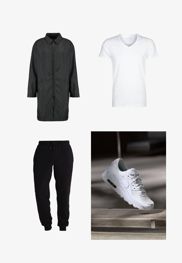 Schwarze Windjacke aus leichtem Material mit kragenfreiem Halsbereich, vollem Reißverschluss und zwei Fronttaschen; entspannte Passform, knielang.; Weißes V-Ausschnitt-T-Shirt aus weichem Baumwollmaterial. Kurze Ärmel, entspannte Passform und minimale Nähte. Keine Muster oder Grafiken vorhanden.; Schwarze Sweatpants aus weichem Material, mit einem elastischen Bund und einem Kordelzug, schmal zulaufenden Beinöffnungen und seitlichen Taschen.; Weiße Nike Air Max 90 Sneaker mit einem Obermaterial aus Mesh und Leder, durchlässigem Zehenbereich und einer sichtbaren Air-Einheit in der Ferse.