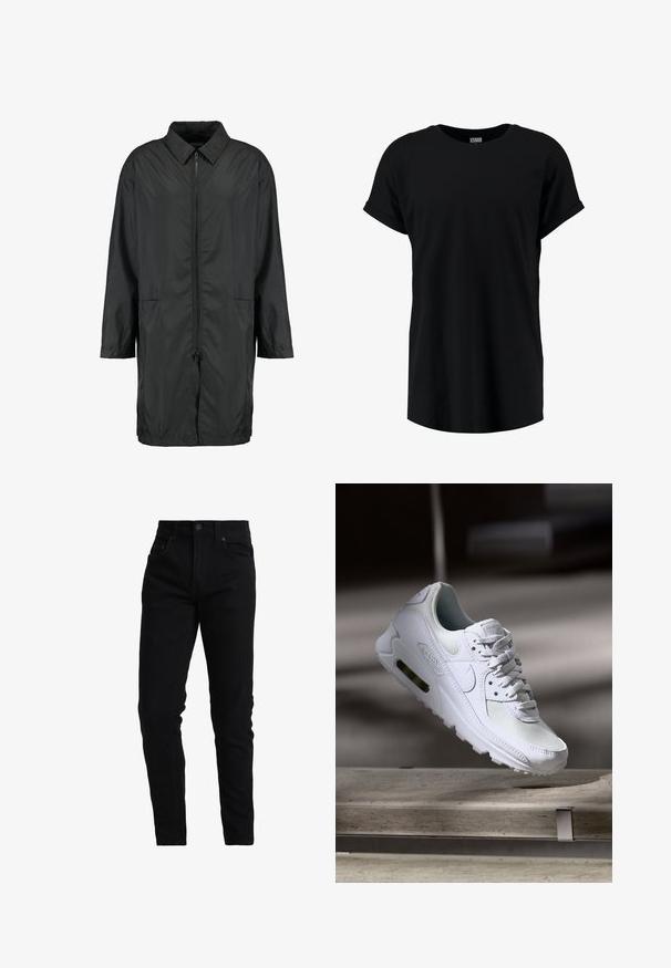 Veste coupe-vent noire en matériau léger avec un col, fermeture éclair intégrale, et deux poches avant; coupe ample, longueur jusqu'aux genoux.; T-shirt noir à manches courtes en coupe décontractée. Fabriqué en tissu doux avec un col rond et des manches roulées. Texture lisse, sans motifs.; Jean noir en denim avec une coupe slim, doté d'une taille moyenne, d'un design à cinq poches et de détails de couture subtils. Tissu à texture lisse.; Sneaker Nike Air Max 90 blanche avec une tige en mesh et cuir, une boîte à orteils perforée et une unité air visible au talon.