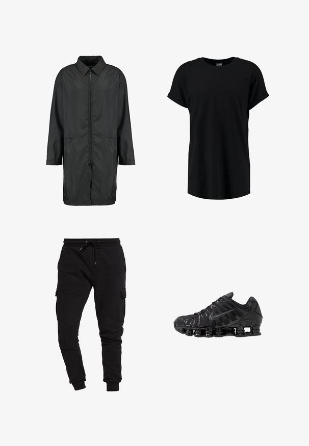 Schwarze Windjacke aus leichtem Material mit kragenfreiem Halsbereich, vollem Reißverschluss und zwei Fronttaschen; entspannte Passform, knielang.; Schwarzes T-Shirt mit kurzen Ärmeln im lässigen Schnitt. Aus weichem Stoff mit rundem Halsausschnitt und umgeschlagenen Ärmeln. Glatte Textur, ohne Muster.; Schwarze Baumwoll-Jogginghose mit schmalem Schnitt, Kordelzugbund und seitlichen Cargo-Taschen. Glatte Textur und elastische Bündchen an den Knöcheln.; Schwarze Sportschuhe aus Mesh- und synthetischen Materialien mit einem markanten wellenförmigen Design, schwarzer Gummisohle und reflektierenden Akzenten.