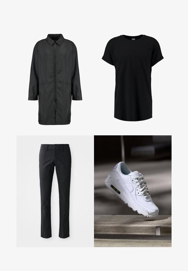 Schwarze Windjacke aus leichtem Material mit kragenfreiem Halsbereich, vollem Reißverschluss und zwei Fronttaschen; entspannte Passform, knielang.; Schwarzes T-Shirt mit kurzen Ärmeln im lässigen Schnitt. Aus weichem Stoff mit rundem Halsausschnitt und umgeschlagenen Ärmeln. Glatte Textur, ohne Muster.; Schwarze gerade geschnittene Hose aus glattem Stoff mit einem einzelnen Knopfverschluss und Gürtelschlaufen. Minimalistisches Design ohne sichtbare Muster.; Weiße Lederturnschuhe mit strukturierten Oberflächen, gepolstertem Kragen und sichtbarer Luftpolsterung in der Sohle. Verfügt über Schnürsenkel und ein minimalistisches Design.