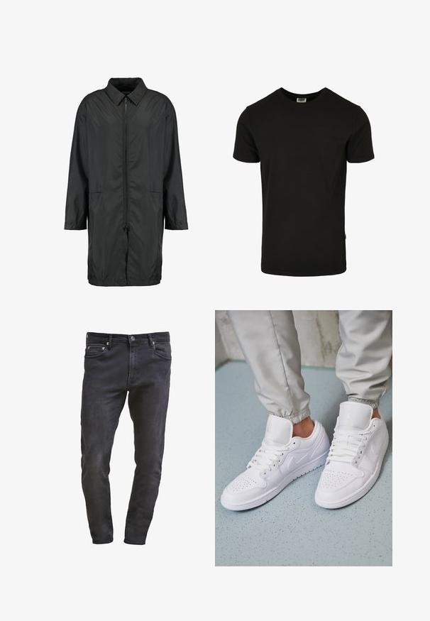 Schwarze Windjacke aus leichtem Material mit kragenfreiem Halsbereich, vollem Reißverschluss und zwei Fronttaschen; entspannte Passform, knielang.; Schwarzes Baumwoll-T-Shirt mit Rundhalsausschnitt, kurzen Ärmeln und geradem Schnitt. Mit einem kleinen Logosticker auf der linken Seite.; Schlanke schwarze Denim-Jeans im Slim-Fit mit fünf Taschen, Reißverschluss und subtilen Waschungen. Glatte Textur mit einem dunklen Waschfinish.; Weiße Ledersneaker mit perforierter Zehenbox, flachen Schnürsenkeln, gepolstertem Kragen und dem Jordan-Logo auf der Zunge. Getragen mit grauen Jogginghosen.