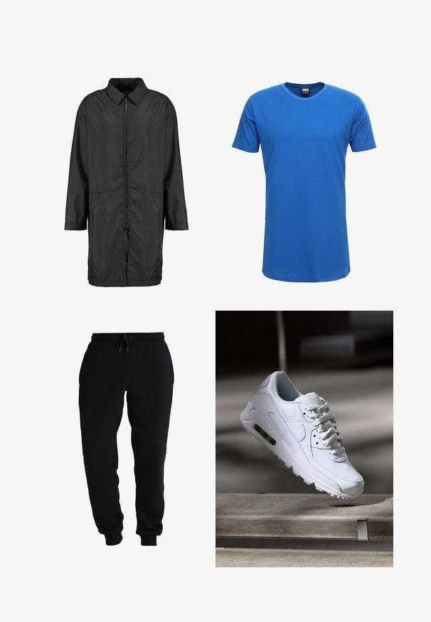 Schwarze Windjacke aus leichtem Material mit kragenfreiem Halsbereich, vollem Reißverschluss und zwei Fronttaschen; entspannte Passform, knielang.; Blaues Baumwoll-T-Shirt mit rundem Halsausschnitt und kurzen Ärmeln; glatte Textur, leicht elastisch, mit geradem Saum. Keine Muster oder Akzente.; Schwarze Sweatpants aus weichem Material, mit einem elastischen Bund und einem Kordelzug, schmal zulaufenden Beinöffnungen und seitlichen Taschen.; Weiße Lederturnschuhe mit strukturierten Oberflächen, gepolstertem Kragen und sichtbarer Luftpolsterung in der Sohle. Verfügt über Schnürsenkel und ein minimalistisches Design.