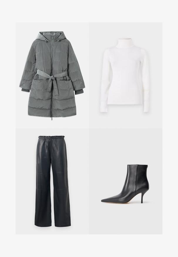 Grå, overdimensioneret pufferjakke med hætte, frontlynlås, bælte i taljen, to forlommer og struktureret, quiltet stof.; Hvid turtleneck sweater, tætsiddende design, lange ærmer, blød tekstur, glat stof, minimal detaljer, ribbede manchetter og krave.; Sorte faux læder brede bukser med elastisk talje, der har en glat overflade og pæne sømme.; Sorte læder ankelstøvler med spids tå, slank stiletto hæl og en glat, elegant finish. Lynlåsdetalje bagpå.