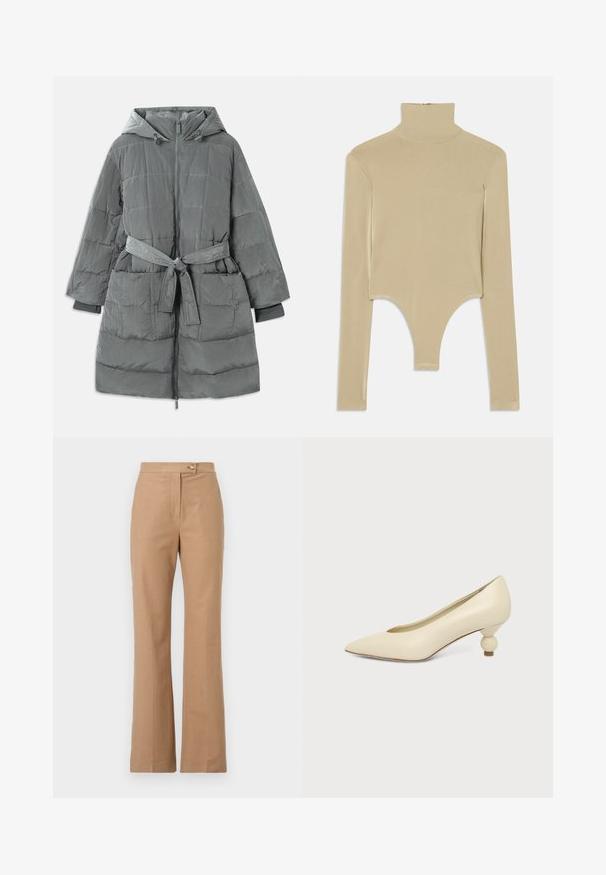 Abrigo puffer gris, de gran tamaño, con capucha, cremallera frontal, cintura ceñida con cinturón, dos bolsillos delanteros y tejido texturizado acolchado.; Top de tortuga de manga larga en color beige, confeccionado en una tela suave, con un diseño minimalista y un corte inferior abierto que se ajusta al cuerpo.; Pantalones de vestir beige con una silueta acampanada, hechos de una tela suave, que presentan un cierre frontal con botón y dos bolsillos laterales.; Zapato de mujer color crema con punta afilada y tacón bajo, con tacón redondo en forma de bola, sobre un fondo liso.