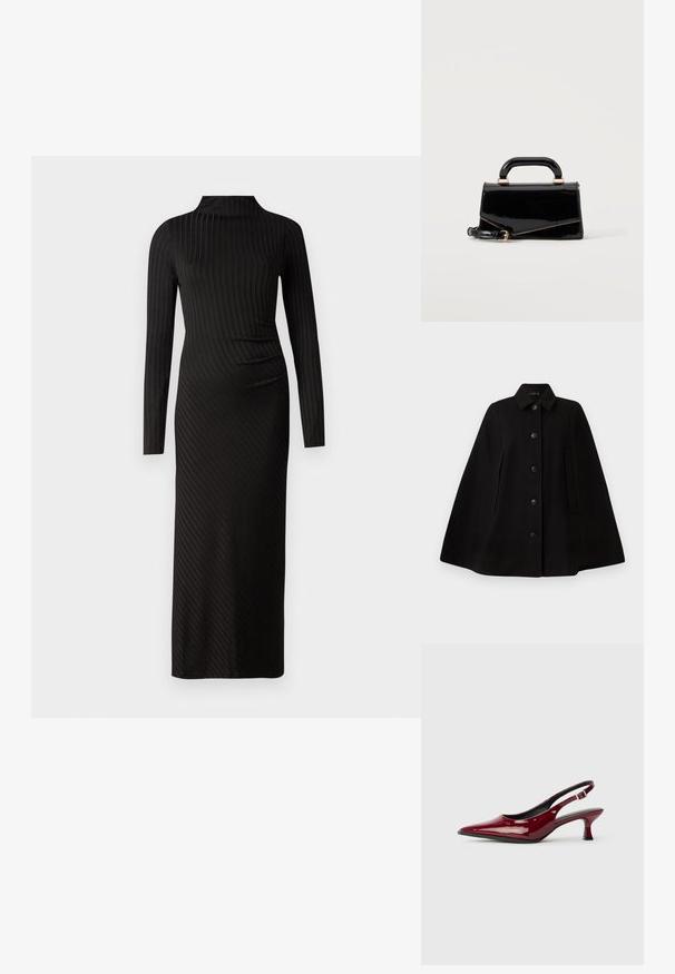 Zwarte wollen cape met een kraag, sluiting met knopen aan de voorkant, zijzakken en een gestructureerde silhouet. Glad textuur, zonder patronen of versieringen.; Good American VICTORIAN FUNNEL NECK MIDI DRESS - Gebreide jurk - black; Bordeaux patent leren slingback hakken met een puntige neus en een slanke stilettostonk. Ontwerp met open achterkant en verstelbare enkelriem.; Zwarte glanzende rechthoekige handtas met bovenhandvat, gouden hardware en afneembare riem, geplaatst op een effen lichte achtergrond.