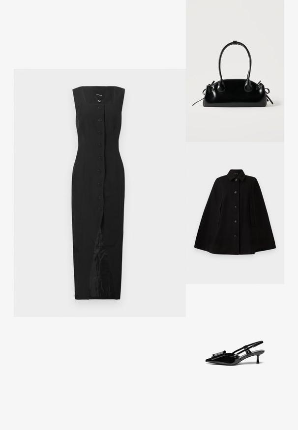 Capa abrigo de lana negra con cuello, cierre frontal de botones, bolsillos laterales y una silueta estructurada. Textura suave, sin patrones ni adornos.; Vestido midi negro sin mangas con escote cuadrado, cierre frontal de botones y una abertura central, exhibido sobre un fondo blanco liso.; Zapatos de tacón slingback de charol negro con punta afilada, detalle de lazo en el frente y un pequeño tacón de aguja. Las correas tienen hebillas ajustables.; Pequeño bolso negro brillante con dos asas largas y detalles de cordón lateral sobre un fondo claro liso.