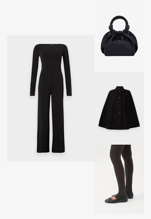 Zwarte wollen cape met een kraag, sluiting met knopen aan de voorkant, zijzakken en een gestructureerde silhouet. Glad textuur, zonder patronen of versieringen.; Zwarte jumpsuit met lange mouwen en wijde pijpen, een aangesloten taille en een bootnek, getoond tegen een effen lichte achtergrond.; Benen met donkere geribbelde leggings gecombineerd met zwarte ballerina's met kleine strikdetails op een witte achtergrond.; Zwarte zachte stoffen handtas met geplooide bovenkant en afgeronde handvatten die aan de basis geknoopt zijn, tegen een effen lichte achtergrond.