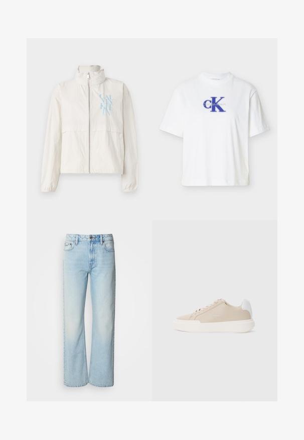 Veste légère de couleur crème en tissu lisse avec un col montant, fermeture éclair sur le devant et un logo bleu sur la poitrine gauche.; T-shirt blanc à manches courtes en coton avec un col rond, arborant un logo "CK" bleu et un texte imprimé en bleu contrastant.; Jeans à jambes larges bleu clair en denim, présentant un design classique à cinq poches et une texture légèrement décolorée. La couture en denim est visible.; Baskets en cuir beige avec un accent blanc à l'arrière, semelle blanche plate et coutures ton sur ton, avec un logo sur le côté.