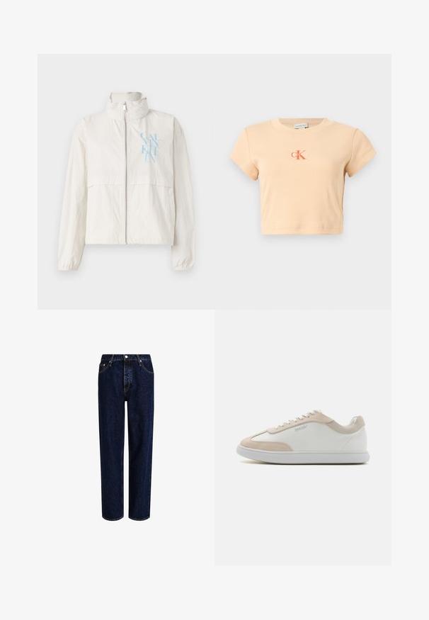 Veste légère de couleur crème en tissu lisse avec un col montant, fermeture éclair sur le devant et un logo bleu sur la poitrine gauche.; T-shirt court à manches courtes de couleur pêche clair, fabriqué en coton côtelé, avec un logo central en orange foncé et des détails de couture minimalistes.; Jeans en denim bleu foncé avec une coupe droite, dotés d'une taille haute, d'un style à cinq poches et de coutures contrastantes. Sans embellissements.; Baskets en cuir blanc avec des accents en suède beige et des lacets blancs. Elles présentent un bout arrondi et une semelle rembourrée pour plus de confort.