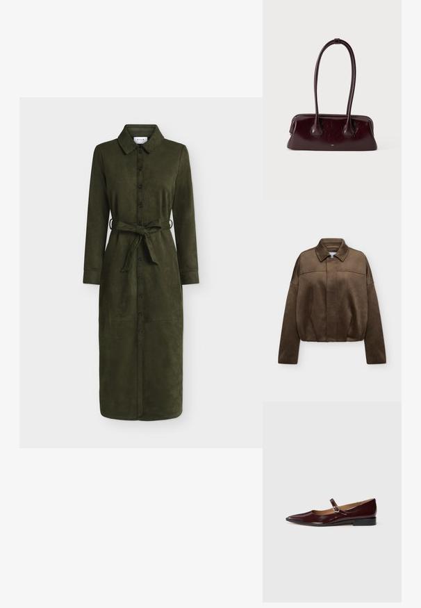 Veste zippée en daim marron avec col et manches longues, présentée sur un fond clair uni.; Robe-chemise longue vert olive avec col, manches longues et ceinture en tissu nouée à la taille.; Ballerines en cuir verni bordeaux de type Mary Jane avec un bout pointu, un talon plat et une sangle décorative avec une boucle circulaire.; Sac à main en cuir brun foncé brillant avec de longues anses fines et une base rectangulaire structurée sur un fond clair uni.