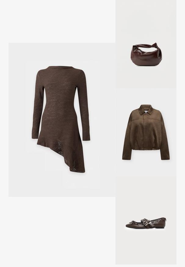 Veste zippée en daim marron avec col et manches longues, présentée sur un fond clair uni.; Robe longue à manches longues de couleur marron foncé avec un tissu texturé et un ourlet asymétrique incliné vers le côté droit.; Chaussure plate en cuir marron foncé avec bout pointu, doubles brides à boucles argentées, œillets métalliques et nœud décoratif à l'avant.; Sac bandoulière en cuir marron foncé avec une forme souple et décontractée et une anse nouée torsadée sur un fond blanc uni.