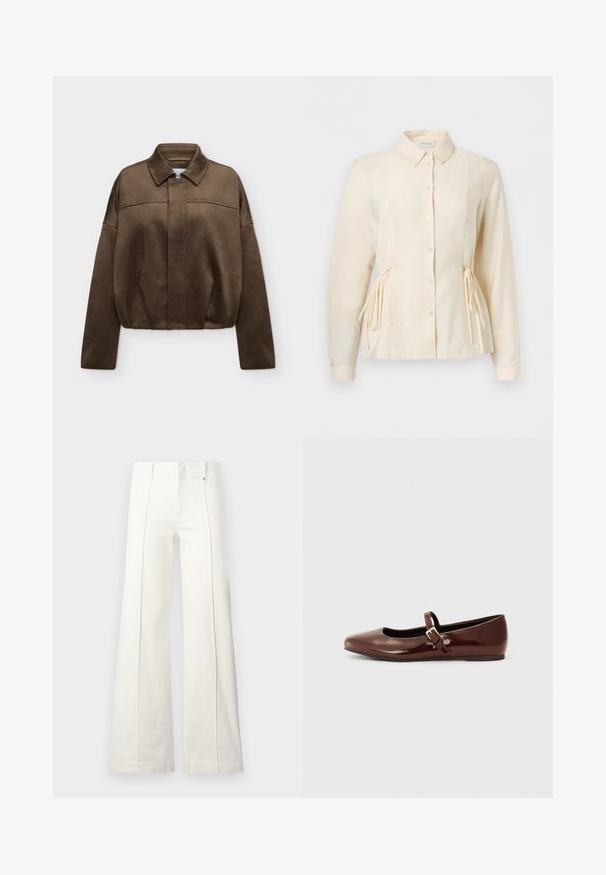 Veste zippée en daim marron avec col et manches longues, présentée sur un fond clair uni.; Blouse à manches longues couleur crème avec des boutons sur le devant, un col et des liens latéraux ajustables pour un effet taille cintrée.; Pantalon blanc taille haute à jambes larges avec coutures avant et passants pour ceinture, présenté sur un fond clair uni.; Ballerine en cuir verni marron avec un bout carré et une lanière ornée d'une petite boucle dorée. Texture lisse, talon bas et design minimaliste.