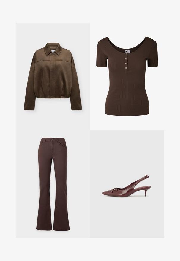 Veste zippée en daim marron avec col et manches longues, présentée sur un fond clair uni.; Top ajusté à manches courtes, côtelé, marron foncé, avec encolure dégagée et quatre boutons-pression métalliques sur la patte avant.; Jean taille haute marron foncé avec fermeture par bouton et fermeture éclair, poches avant, et jambes évasées sur un fond uni clair.; Talons slingback en cuir bordeaux avec un embout pointu, une sangle ajustable et un détail de nœud décoratif à l'avant. Hauteur du talon de 7,5 cm.