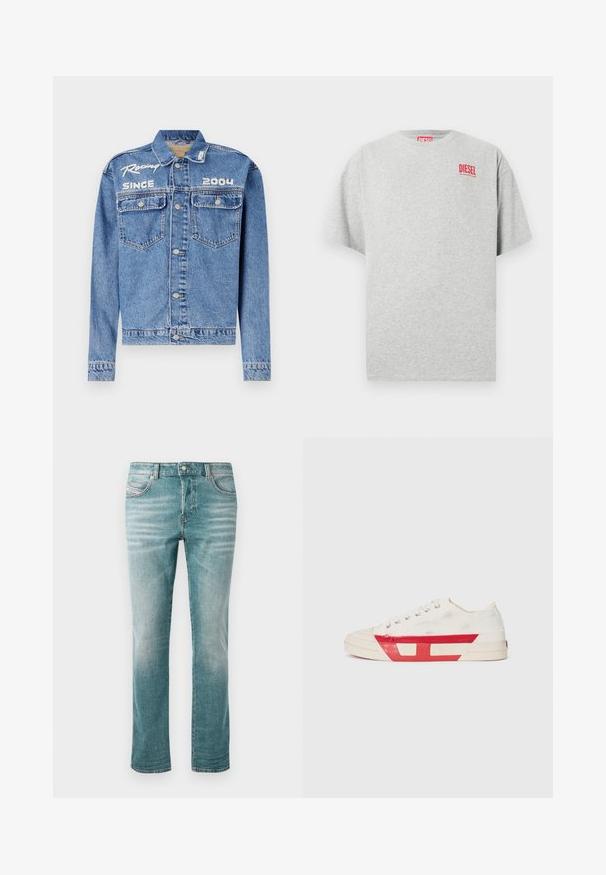 Denim müts, helesinine, klassikaline lõige, nupuga sulgemine. Omab kahte rinna taskut, valge tikandiga tekst "Võidusõit alates 2004".; Hall hall puuvillane T-särk ümmarguse kaelusega ja lühikeste varrukatega. Esiosas väike punane "DIESEL" logo. Sile tekstuur.; Heledad sinine teksapüksid sirge lõikega, viis taskut, õrn pleekimine ja klassikaline nööbid vööümber.; Kanva ketsid valge ülemise osaga, punaste kummist aktsentidega ja tekstureeritud disainiga. Omab ümmargust varbaosa ja viit silmust paelte jaoks.
