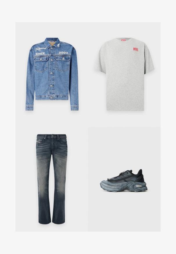 Denim müts, helesinine, klassikaline lõige, nupuga sulgemine. Omab kahte rinna taskut, valge tikandiga tekst "Võidusõit alates 2004".; Hall hall puuvillane T-särk ümmarguse kaelusega ja lühikeste varrukatega. Esiosas väike punane "DIESEL" logo. Sile tekstuur.; Heledad sinised sirge säärega teksad, millel on pleekinud alad, peened kriimustused ja kulunud detailid. Nööpkinnitus ja viis taskut.; Mustade ja hallid Diesel ketsid paksu tallaga, nööriga lukuga ja tekstuurse mustriga, tavalise heleda halli tausta ees.