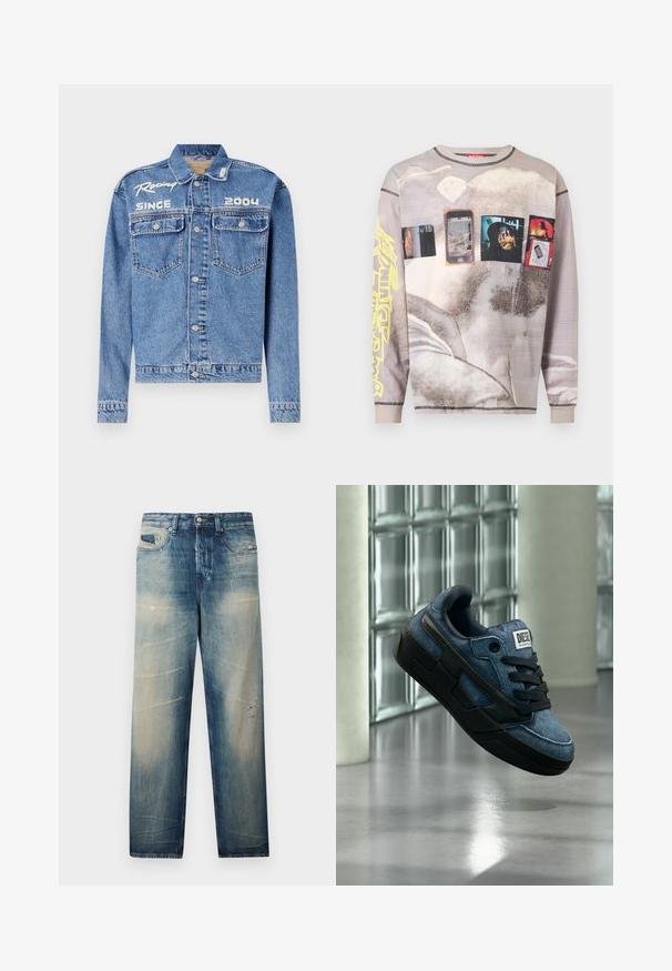 Chaqueta de mezclilla, azul claro, corte clásico, cierre de botón. Cuenta con dos bolsillos en el pecho, texto bordado "Racing Since 2004" en blanco.; Camisa de manga larga en beige desteñido con estampados gráficos de smartphones, personas y formas abstractas, con un diseño de texto amarillo en una manga.; Vaqueros azules de pierna recta con efecto desgastado, detalles desgarrados, bolsillos delanteros, cierre de botón y cremallera, presentados sobre un fondo liso.; Zapatilla Diesel azul y negra con cordones negros flotando sobre un suelo gris cerca de una pared de bloques de vidrio y columnas blancas.