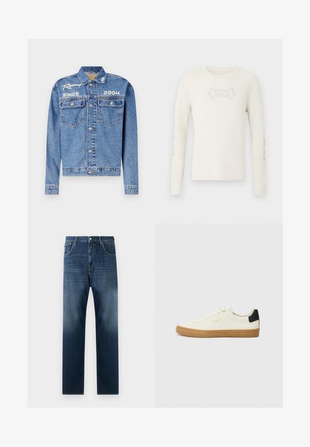 Chaqueta de mezclilla, azul claro, corte clásico, cierre de botón. Cuenta con dos bolsillos en el pecho, texto bordado "Racing Since 2004" en blanco.; Camiseta de manga larga color crema con tejido acanalado y "DODGE DEMON" bordado en el frente, con gráficos impresos en la manga derecha. Textura suave.; Jeans de mezclilla azul oscuro con diseño de pierna recta. Incluye bolsillos frontales, cremallera y un leve desteñido hacia el dobladillo.; Zapatilla de lona blanca con suela de goma, acento negro en el talón, punta redonda y diseño con cordones. Presenta el logo de la marca en dorado en el lateral.