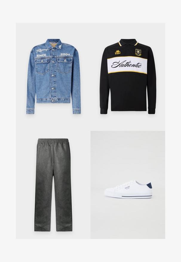 Denim müts, helesinine, klassikaline lõige, nupuga sulgemine. Omab kahte rinna taskut, valge tikandiga tekst "Võidusõit alates 2004".; Must mustaheline polo särk valgete ja kollaste horisontaalsete triipudega, "Authentic" tekst, Kappa logo ja klassikaline krae.; Hallid, kerge kangaga hallid dressipüksid pehme tekstuuriga, elastse vöökoha ja küljetaskutega, mis on disainitud mugavuseks sirge lõikega.; Valged kangast tennisetossud, sinise kandilise aktsendiga, tasasest kummist tallaga, ümarate varvastega ja valgete paeltega. Küljel on logo.