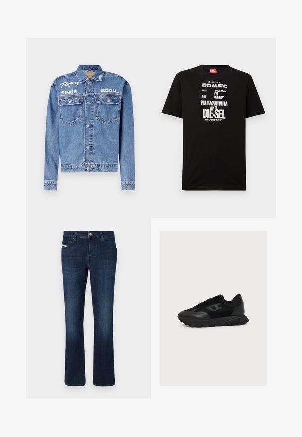 Denim müts, helesinine, klassikaline lõige, nupuga sulgemine. Omab kahte rinna taskut, valge tikandiga tekst "Võidusõit alates 2004".; Must puuvillane T-särk, millel on julged valged tekstigraafikad, sealhulgas "DIESEL" ja "INDUSTRY", ümarnsärgikaeluse ja lühikeste varrukatega.; Tumed sinised teksad sirge sääre lõikega. Omab viit taskut, metallnööbiga sulgemist ja õrnalt konstateeritud õmblusi taga taskul.; Mustad madala säärega toss mixed kangast ja nahast pealiskihiga, paeltega sulgemine ja tekstureeritud tallaga, näidatud parema külje profiilis valgel taustal.