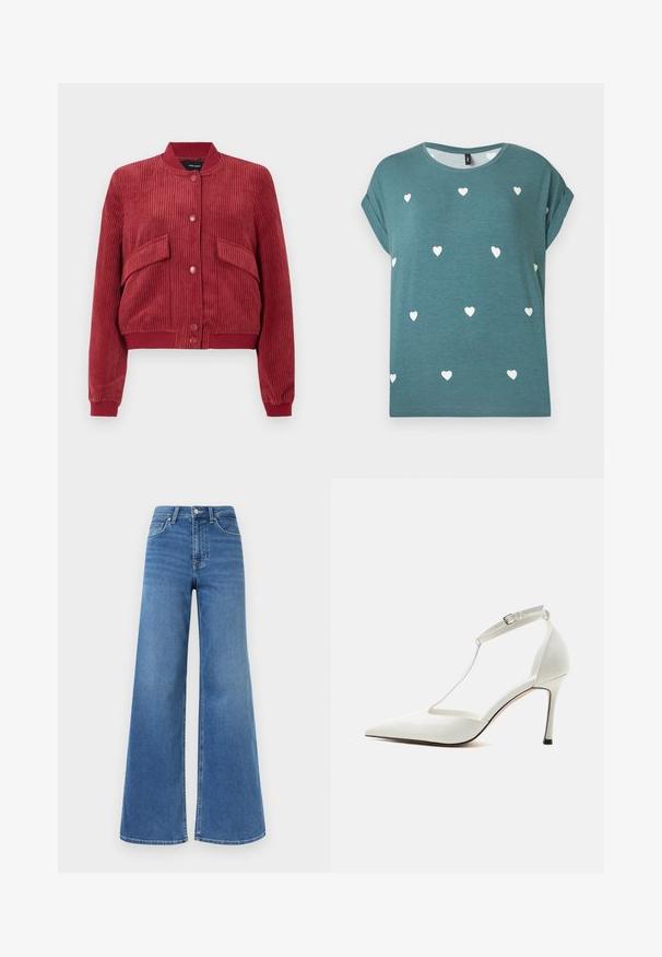 Chaqueta bomber de pana roja con botones de presión en el frente, dos bolsillos con solapa angulados, y cuello, puños y dobladillo de canalé.; Camisa de manga corta color verde azulado con puños remangados, pequeños estampados dispersos de corazones blancos y cuello redondo.; Vaqueros de mezclilla azul de talle alto con piernas anchas, cierre frontal con botones y cremallera, y bolsillos delanteros y traseros.; Zapato de tacón alto blanco con punta puntiaguda, tira fina en el tobillo con hebilla, acabado liso y tacón de aguja delgado sobre un fondo liso.