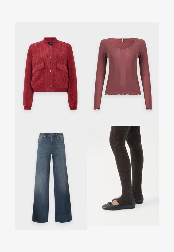 Chaqueta bomber de pana roja con botones de presión en el frente, dos bolsillos con solapa angulados, y cuello, puños y dobladillo de canalé.; Top de manga larga en color rosa polvoriento, textura acanalada, escote redondo, dobladillo y puños con borde ondulado, confeccionado con material de punto suave.; Vaqueros de pierna ancha en azul oscuro, con un acabado desgastado, cierre de botón y estilo de cinco bolsillos. Textura suave, detalles de costura mínimos.; Piernas con leggings oscuros acanalados combinados con bailarinas negras que presentan pequeños detalles de lazo sobre un fondo blanco.