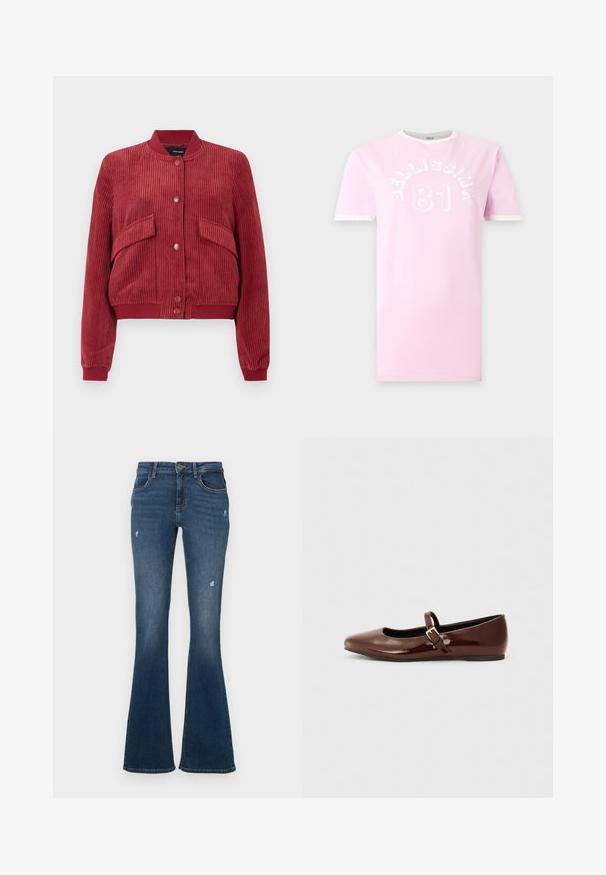 Chaqueta bomber de pana roja con botones de presión en el frente, dos bolsillos con solapa angulados, y cuello, puños y dobladillo de canalé.; Camiseta de manga corta rosa claro con ribete blanco en las mangas y el cuello, con texto blanco "Bellissima" y número "81" en el pecho.; Pantalones vaqueros acampanados en azul oscuro con parches desgastados. Cuenta con cinco bolsillos y cierre de cremallera. Tela de peso medio con una textura suave.; Bailarina de charol marrón con punta cuadrada y tira que presenta una pequeña hebilla dorada. Textura suave, tacón bajo y diseño minimalista.