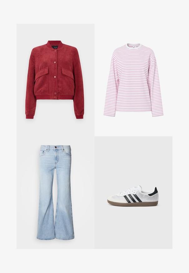Chaqueta bomber de pana roja con botones de presión en el frente, dos bolsillos con solapa angulados, y cuello, puños y dobladillo de canalé.; Camiseta de manga larga con cuello redondo, rayas horizontales rosas y blancas, corte holgado y cuello blanco sobre un fondo liso.; Jeans acampanados azul claro, con cintura alta, tejido vaquero, cinco bolsillos y cierre de botón. Las piernas son anchas y tienen un acabado ligeramente descolorido.; Zapatilla blanca de malla con rayas negras, puntera y detalle en el talón de ante beige, suela de goma texturizada y cordones blancos. Diseño clásico de corte bajo.
