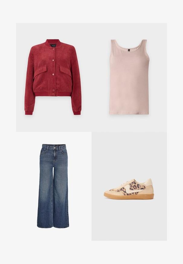 Chaqueta bomber de pana roja con botones de presión en el frente, dos bolsillos con solapa angulados, y cuello, puños y dobladillo de canalé.; Camiseta sin mangas de color rosa claro con escote redondo, exhibida extendida sobre un fondo blanco.; Vaqueros azules de cintura alta y pierna ancha con botones delanteros, cremallera, trabillas para cinturón y bolsillos frontales, mostrados sobre fondo blanco.; Zapatillas de leopardo con parte superior de ante beige, suela de goma marrón y acentos blancos. Punta redonda y diseño con cordones con un acabado texturado.