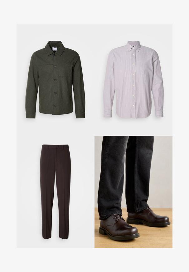 Lindbergh Suvejakk - dark khaki melange; Helevalge ja helesinise triibulise särgi, puuvillane kangas, pikad varrukad ja nööbid alla, kollased nööbid ja küljeavad.; Mustad sirgelõikelised püksid, millel on sile tekstuur ja vöökoht ühe nupuga kinnitusega.; Pruunid nahast kingad ümarate varvastega, nööridega mudel ja tumesinine kummist tallaga, kombineeritud tumedate teksapükstega.