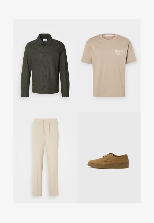 Lindbergh Letná bunda - dark khaki melange; Béžové tričko s krátkym rukávom a okrúhlym výstrihom s malými grafikami hmyzu a logom "Marc O'Polo" na ľavej strane hrudníka.; Béžové nohavice s elastickým pásom a šnúrkou na stiahnutie. Majú rovné nohy a hladkú textúru, ideálne na voľný čas alebo oddych.; Hnedá semišová ležérna obuv na šnurovanie s plochou gumovou podrážkou, zobrazená z boku na jednoduchom svetlom pozadí.