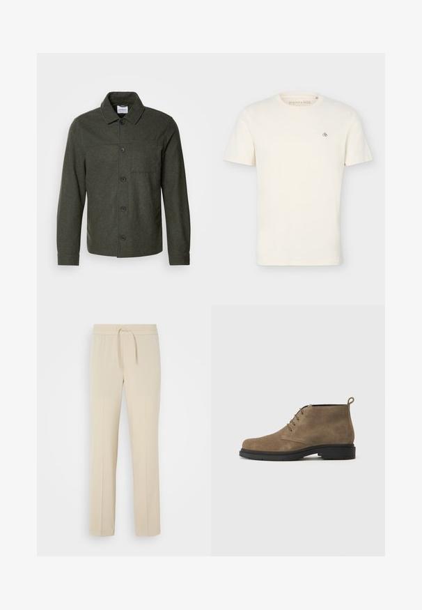 Lindbergh Suvejakk - dark khaki melange; Lihtne hallikasvalge lühikeste varrukatega ümara kaelusega särk väikese „Scotch & Soda“ logoga ülemisel vasakul rinnal.; Beezid, elastse vöödega püksid, kus on string. Omavad sirgeid jalgu ja sileda tekstuuri, sobivad igapäevaseks kandmiseks või lõõgastumiseks.; Pruun suede pahkluu saabas ümmarguse varbaga, nelja auguga nööride jaoks ja musta kummist tald. Tagaküljel on tõmbetab.