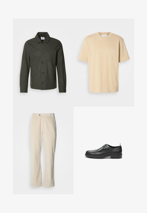 Lindbergh Letná bunda - dark khaki melange; Béžové tričko s krátkym rukávom, vyrobené z mäkkej látky. Má okrúhly výstrih a voľný strih bez viditeľných vzorov alebo akcentov.; Béžové kordurové nohavice s gombíkom a zipsom, pútka na opasok a strih s rovnými nohavicami na bielom pozadí.; Čierne kožené topánky s hladkým povrchom, zaoblenou špičkou a dekoratívnym prešívaním. Majú gumovú podrážku s trakčnými drážkami a viazací dizajn.
