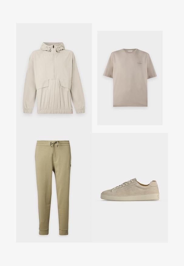 Veste à enfiler beige clair avec capuche, fermeture éclair sur le devant jusqu'à mi-hauteur, poignets élastiques et ceinture ajustable à la taille. Dotée d'une poche frontale et d'une texture lisse.; T-shirt beige à manches courtes et col rond avec petit logo « Tiger of Sweden » sur la poitrine gauche, présenté sur fond blanc.; Pantalon de jogging beige avec taille élastique et cordon, poches latérales et poignets côtelés aux chevilles sur fond blanc.; Baskets basses beiges en daim avec fermeture lacée et semelle épaisse en caoutchouc, vues de profil sur fond blanc uni.