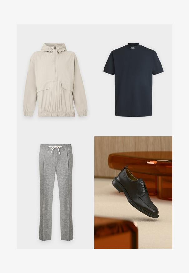 Veste à enfiler beige clair avec capuche, fermeture éclair sur le devant jusqu'à mi-hauteur, poignets élastiques et ceinture ajustable à la taille. Dotée d'une poche frontale et d'une texture lisse.; T-shirt noir à manches courtes avec un col montant arborant le mot « BOSS » en blanc au centre devant.; Pantalon droit gris clair texturé avec taille élastique et cordon blanc, plis avant et poches latérales.; Chaussure habillée noire en cuir à lacets avec devant texturé, flottant au-dessus d'un tapis beige dans une pièce moderne avec des meubles teintés d'ambre.