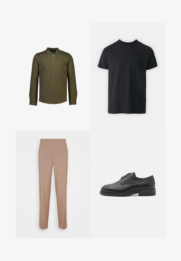 Lindbergh SUPERFLEX OVERSHIRT - Chaquetas bomber - true army; Camiseta de algodón negra de manga corta con cuello redondo y un ajuste relajado. Textura suave y dobladillo recto, sin gráficos ni patrones visibles.; Pantalones beige a medida en una tela lisa y con textura. Corte recto con cintura y sin adornos ni bolsillos visibles.; Zapato oxford de cuero negro con punta redonda, que presenta un acabado suave, cierre de cordones con cinco ojales y un tacón bajo apilado.