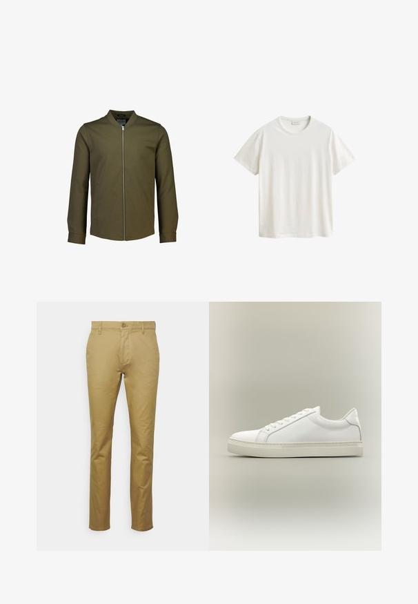 Lindbergh SUPERFLEX OVERSHIRT - Chaquetas bomber - true army; Camiseta blanca lisa de manga corta con cuello redondo y una pequeña etiqueta visible dentro del cuello sobre un fondo blanco.; Chinos caqui elaborados con algodón suave, que presentan un diseño clásico de pierna recta, bolsillo delantero y un cierre de un solo botón en la cintura.; Zapatilla blanca de perfil bajo con cordones en la parte delantera y suela gruesa, mostrada de lado sobre un fondo neutro.