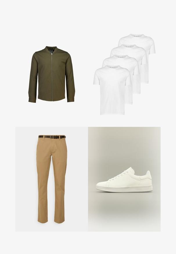 Lindbergh SUPERFLEX OVERSHIRT - Let jakke / Sommerjakker - true army; Hvide bomulds T-shirts, kortærmede, rund halsudskæring, glat tekstur, stableret i fire stykker med ensartet design uden mønstre eller accenter.; Beige bomuldsblandingsbukser med lige ben-design og et mørkebrunt bælte. Har forlommer og en ren hem-finish.; Minimalistisk hvid lavtop sneaker med snørebånd, glat læderoverdel og tekstureret gummisål vist på neutral baggrund.
