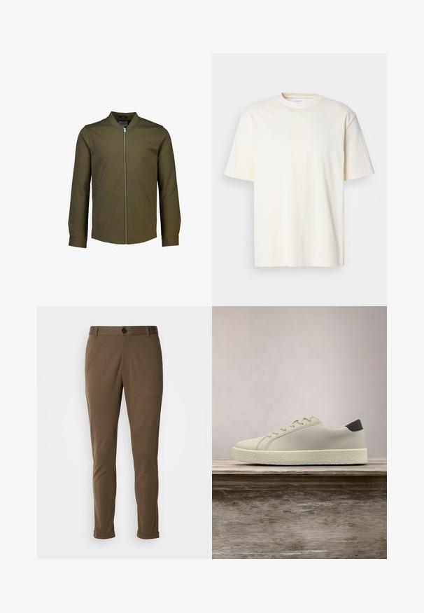 Lindbergh SUPERFLEX OVERSHIRT - Let jakke / Sommerjakker - true army; Lys off-white kortærmet T-shirt med rund hals, unisex design, præsenteret på en neutral grå baggrund.; Brune skræddersyede bukser med en glat tekstur, der har en knaplukning og rullede manchetter. Designet med en slim fit og funktionelle lommer.; Hvid sneaker med tekstureret sål og sort hældetalje, svævende over en træbænk med højt grønt græs i baggrunden.
