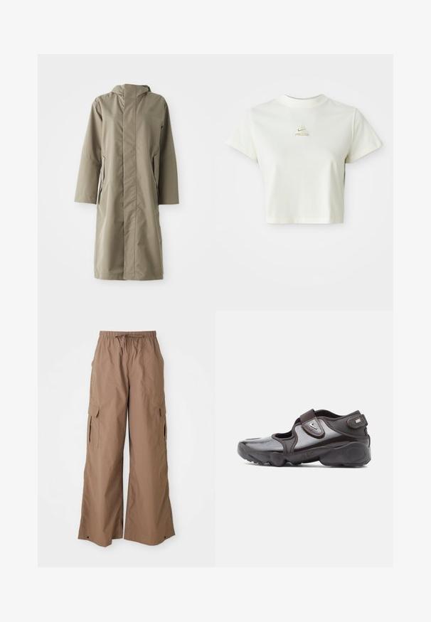Khakifarbenen Regenmantel mit Kapuze, aus glattem, wasserabweisendem Material hergestellt. Verfügt über lange Ärmel und seitliche Taschen, die eine lockere Passform bieten.; Kurzes weißes cropped T-Shirt mit einem kleinen beigen Nike ACG Logo, das zentriert unter dem Ausschnitt platziert ist.; Braune lässige Cargo-Hosen mit Kordelzugbund und seitlichen Klappen-Taschen, weit geschnitten, vor einem weißen Hintergrund präsentiert.; Dunkelbrauner Sportschuh mit glänzender Oberfläche, Klettverschluss, abgerundeter Spitze und profilierter Sohle mit Dämpfungselementen.
