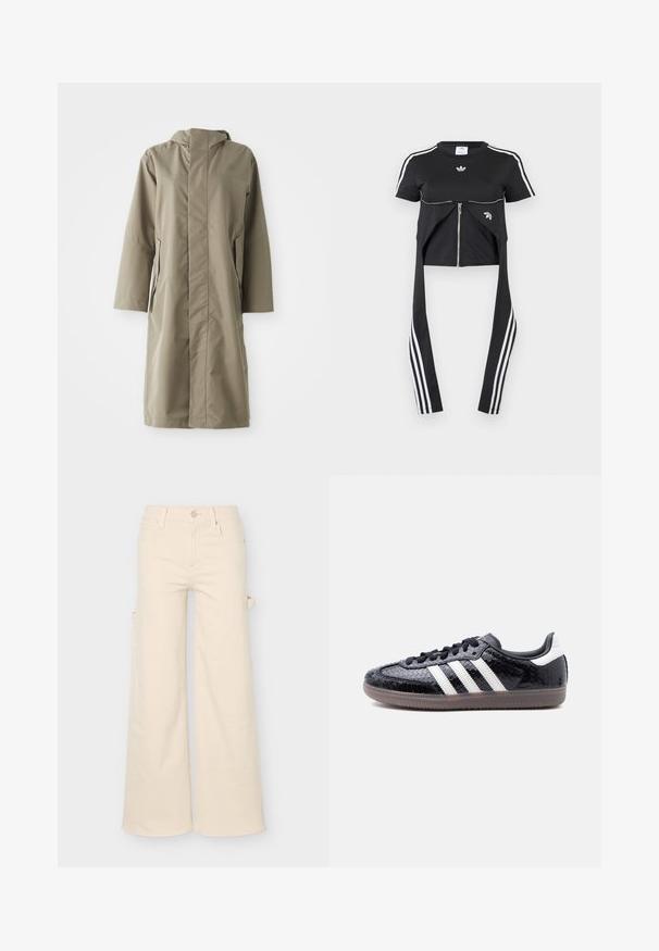 Khakifarbenen Regenmantel mit Kapuze, aus glattem, wasserabweisendem Material hergestellt. Verfügt über lange Ärmel und seitliche Taschen, die eine lockere Passform bieten.; Schwarzes Kurzarm-Top mit weißen Adidas-Streifen auf den Ärmeln, Reißverschluss-Detail vorne und verlängerten Stoffbahnen mit drei weißen Streifen, die herunterhängen.; Beige Hose mit weitem Bein, Front- und Gesäßtaschen, Gürtelschlaufen, Knopfverschluss und einem seitlichen Schlaufen-Detail vor einfarbigem Hintergrund.; Schwarzer Sneaker mit flachem Profil und texturiertem Schlangenledermuster, weißen Streifen an der Seite, schwarzen Schnürsenkeln und einer durchscheinend braunen Sohle.